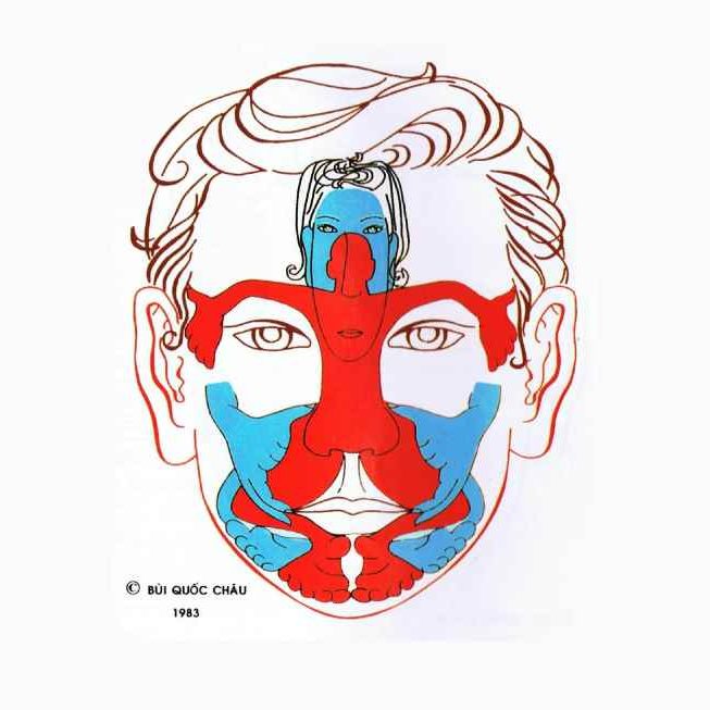 Illustrazione che rappresenta un diagramma anatomico per la riflessologia facciale, con figure stilizzate in rosso e blu che evidenziano i punti di stimolazione sul viso e sul corpo.